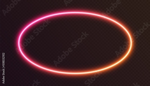 Gradient neon ellipse, pink-orange glowing border isolated on a dark background. Colorful night oval banner, vector light effect. Bright illuminated shape.