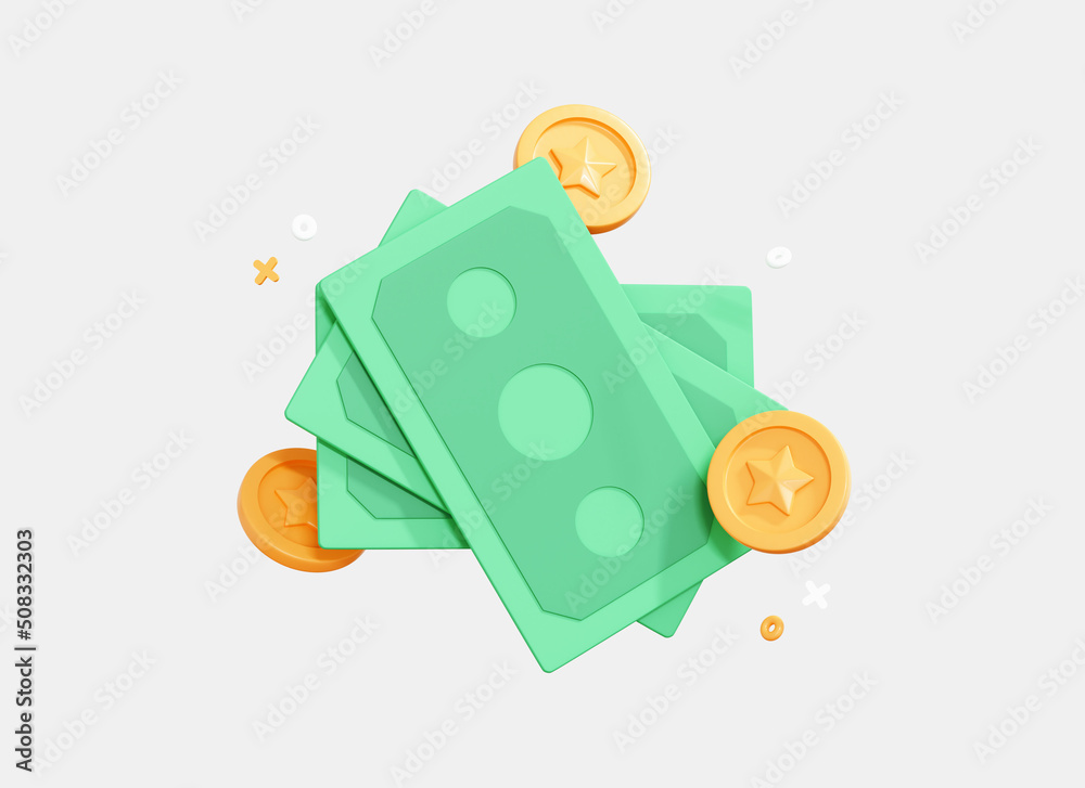3D Dollar banknote with coin. Money saving concept. Cash payment. Cartoon icon. Creative design illustration isolated on white background. Green and gold. 3D Rendering - obrazy, fototapety, plakaty 