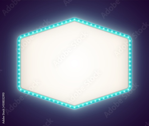 Blue retro lightbox with white light bulbs, vintage theater signboard mockup isolated on a dark background. Bright hexagonal commercial announcement banner. Marquee billboard with lamps.