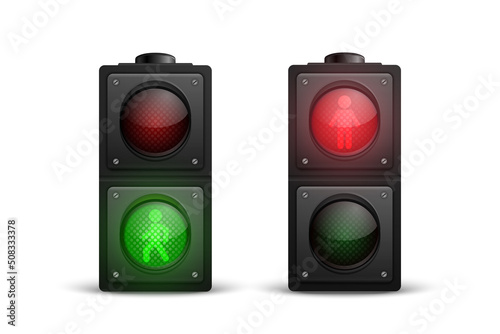 Vector 3d Realistic Detailed Road Traffic Lights Icon Set Isolated. Safety Rules Concept, Design Template. Stoplight, Turned On Traffic Lights with Red and Yellow Light. Pedestrian Traffic Light