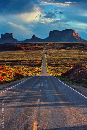 A famous stretch of the road through the Monument Valley in Utah, USA