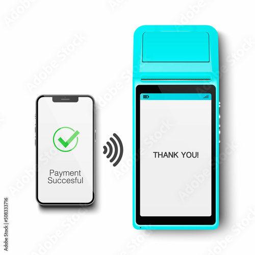 Vector 3d NFC Payment Machine and Smartphone. Payment Succesful. Approved Transaction. POS Terminal, Machine, Phone Isolated. Design Template of Bank Payment Wireless Contactless Terminal, Mockup