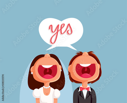 Bride and Groom Saying Yes Vector Cartoon Wedding Invitation
