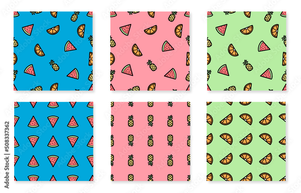 Seamless pattern summer set featuring fruit. Vector set with icons of bright fruit. Blue, pink and green. Summer fruits. Watermelon, pineapple and orange.