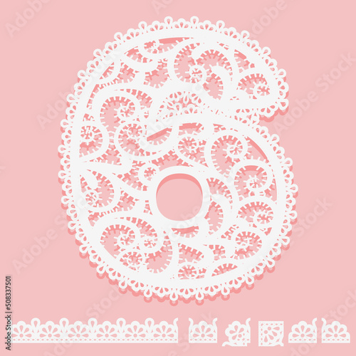 Digit 6 written of white lace isolated on pink background. Pattern brush with corner and end elements and number sixth Border for frame. Lacy item for design card or invitation