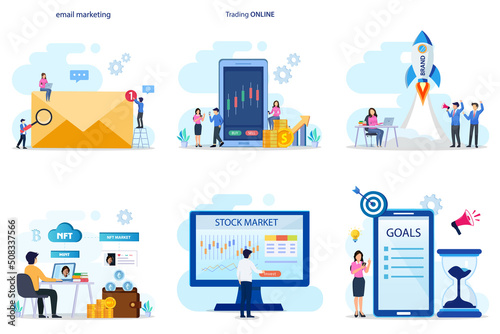 Set bundle Business concept. email marketing, trading online, brand name, NFT, stock market, goal.
