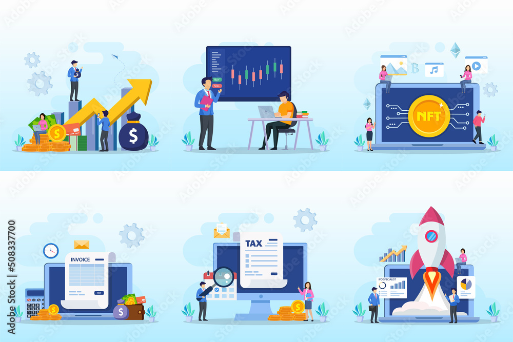 Set bundle Business concept. investment, trader online, nft, invoice, tax online, ipo specialist Set bundle Business concept. investment, trader online, nft, invoice, tax online, ipo specialist