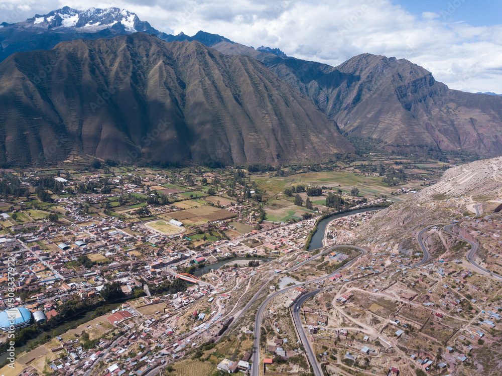Aerial view of Urubamba city in the Sacred Valley of Peru. Peruvian Andes scene.