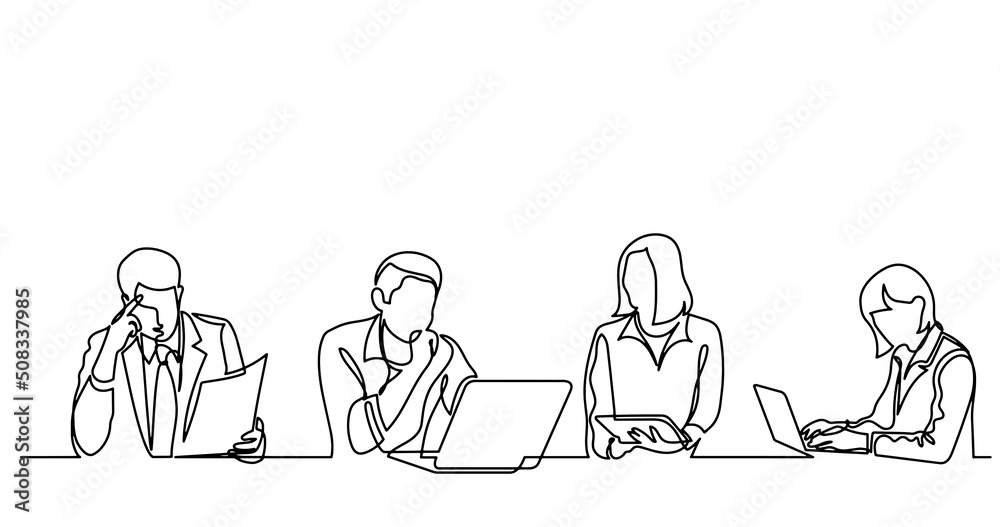 continuous line drawing of office workers at business meeting continuous line drawing of office workers at business meeting