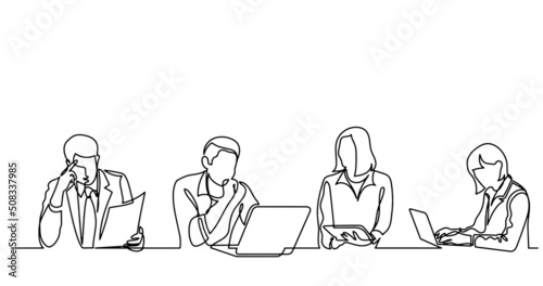 continuous line drawing of office workers at business meeting