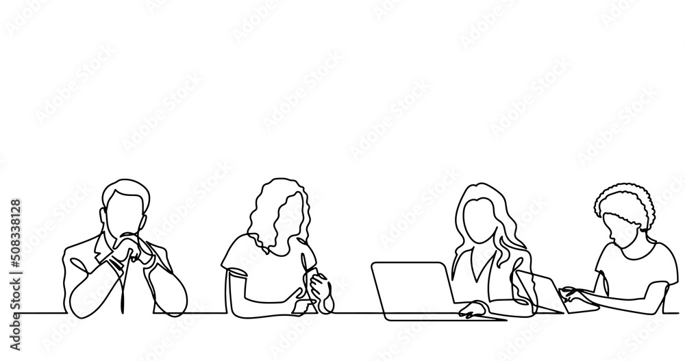 continuous line drawing of office workers at business meeting