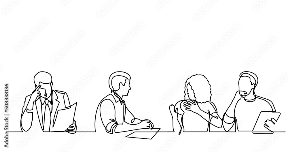 continuous line drawing of office workers at business meeting continuous line drawing of office workers at business meeting