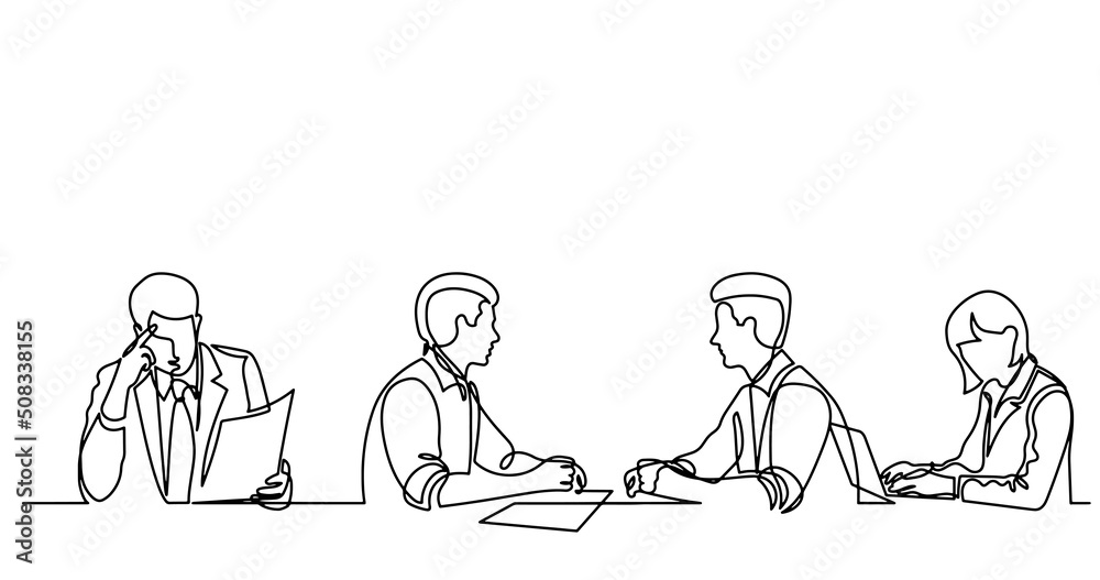 continuous line drawing of office workers at business meeting continuous line drawing of office workers at business meeting