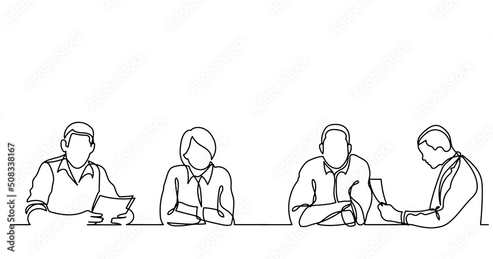 continuous line drawing of office workers at business meeting continuous line drawing of office workers at business meeting