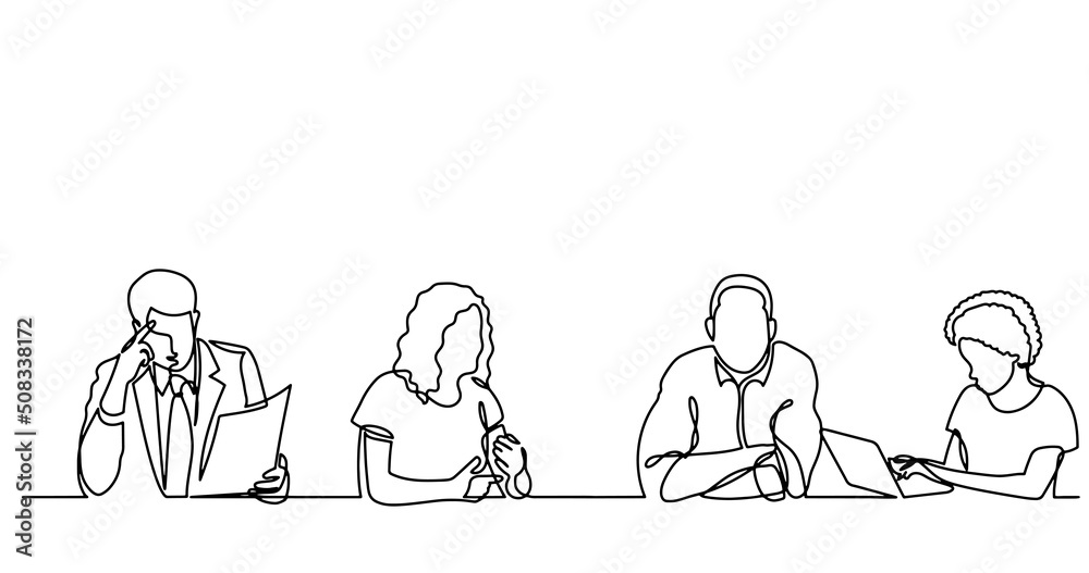 continuous line drawing of office workers at business meeting continuous line drawing of office workers at business meeting