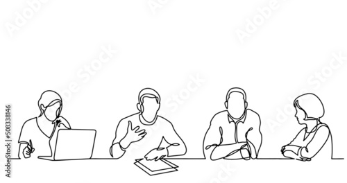 continuous line drawing of office workers at business meeting