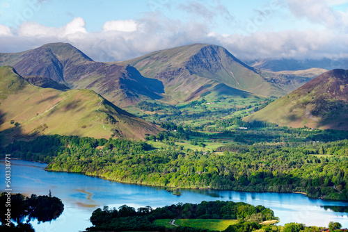 Lake District National Park, Cumbria, England. Southwest over Derwentwater to Cat Bells, Robinson and Newlands Valley. Summer morning