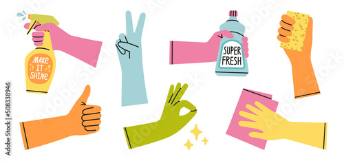 Set with hands in rubber gloves. House cleaning  disinfection. Hand protection. Dusting cloth  household chemicals  sponge for cleaning. Colorful vector illustrations isolated on white background.