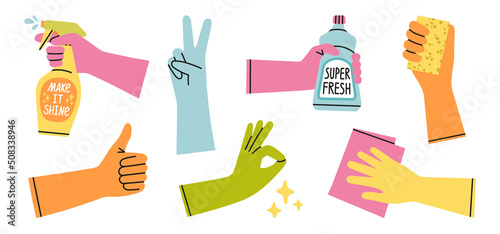 Set with hands in rubber gloves. House cleaning, disinfection. Hand protection.
Dusting cloth, household chemicals, sponge for cleaning.
Colorful vector illustrations isolated on white background.