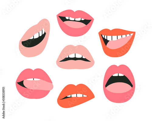 Illustration of lips with different emotions. Smile  opened mouth with white teeth  tongue. Set of icons. Make up and beauty concept. Hand drawn vector illustrations isolated on white background.  