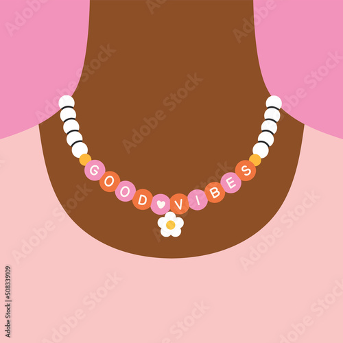 Cute poster with girl's neck with beaded necklace. Multicolored bears. Beading, handmade, fashion concept. 
Hand drawn vector illustration in trendy colors isolated on pink background.