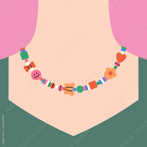 Cute poster with girl's neck with beaded necklace. Multicolored bears. Beading, handmade, fashion concept. 
Hand drawn vector illustration in trendy colors isolated on pink background.