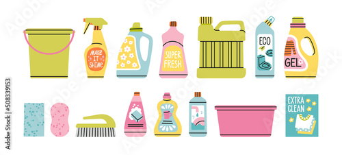 Set with household chemicals, cleaners, basin, brush, sponges, bucket etc. For dishwashing, house cleaning and laundry.
Hand drawn vector illustration isolated on white background in trendy colors.