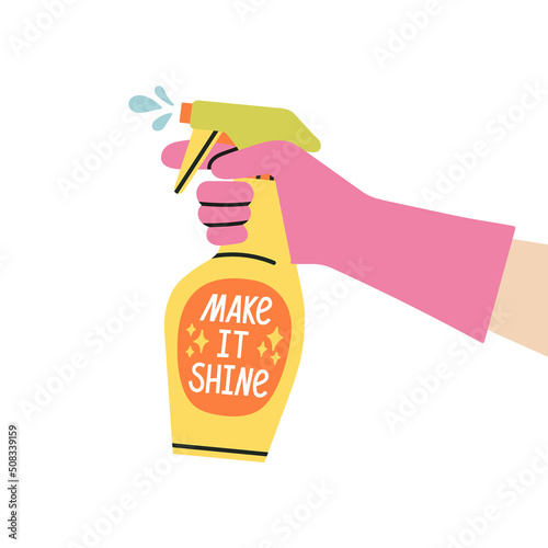 Poster with hand in rubber glove holding a cleaner in spray. For glass and mirrors. House cleaning, disinfection. Protection of hands from household chemicals. Colorful hand drawn vector illustration