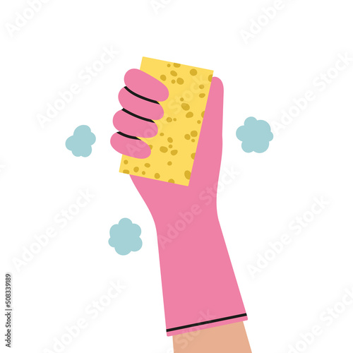 Poster with hand in rubber glove holding a sponge for dish soap. Dish wash, house cleaning, disinfection. Protection of hands from household chemicals.
Colorful hand drawn vector illustrations.