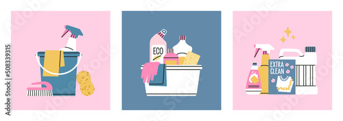 Set of posters with household chemicals, cleaners, rubber gloves, sponges, bucket etc. For dishwashing, house cleaning and laundry.
Hand drawn vector illustration isolated on white background.