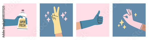Set of posters with hands in rubber gloves. House cleaning, disinfection. Hand protection.
Dusting cloth, household chemicals, sponge for cleaning.
Colorful hand drawn vector illustrations.
