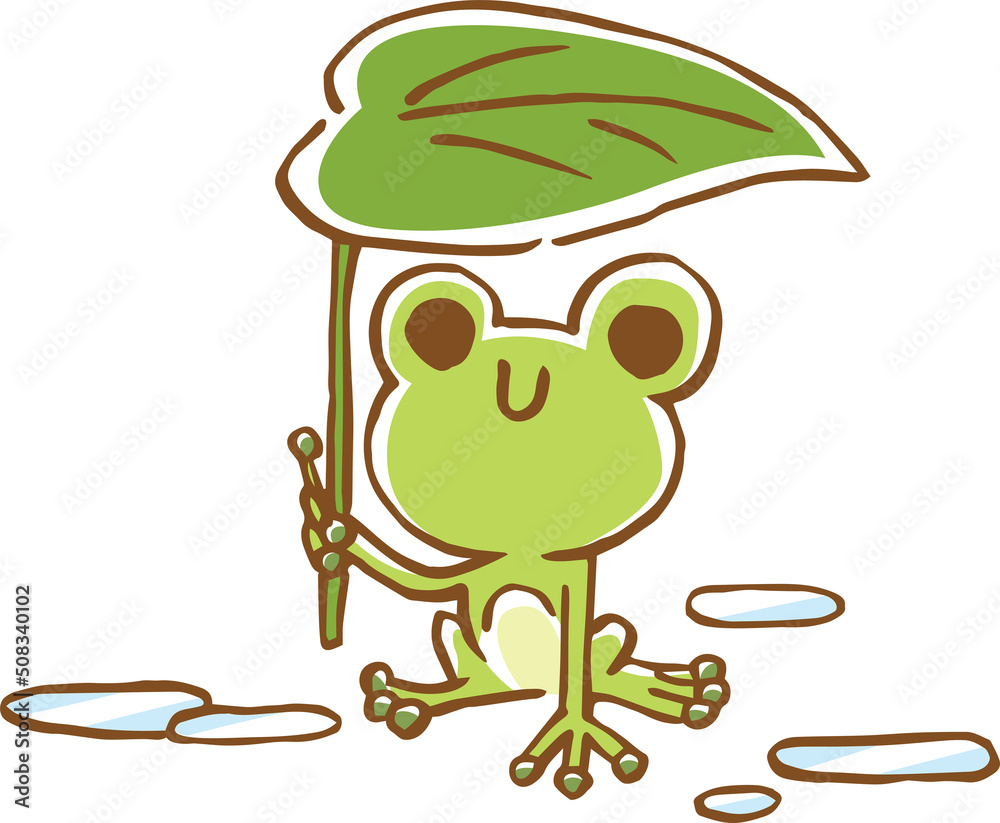 葉っぱの傘をさしているかわいい蛙のイメージイラスト Stock Vector Adobe Stock