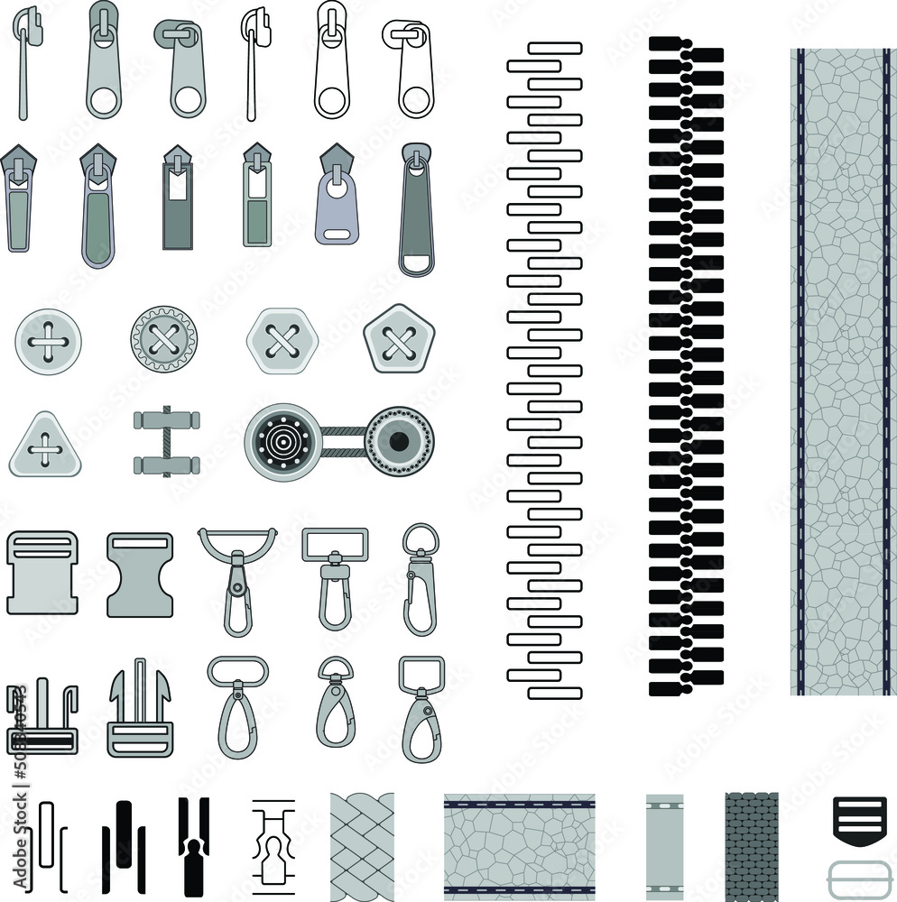 Vector set for designing women's bags or clothes, consisting of a zipper, a metal lobster hook. Lobster hooks, buttons, for use in converters.