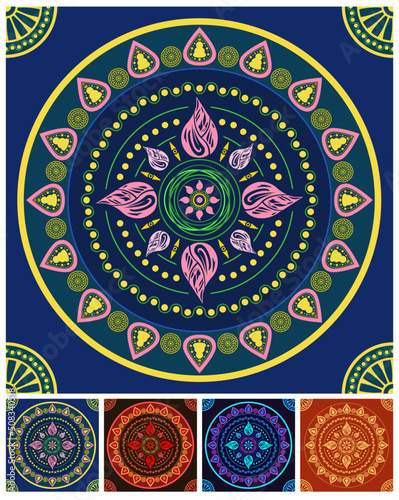 Vector set of tibetan prints seamless art pattern seamless mandala lotus pattern with hot and cool tones India, Bhutan, Japan, Tibet, Mongolia, Sri Lanka.