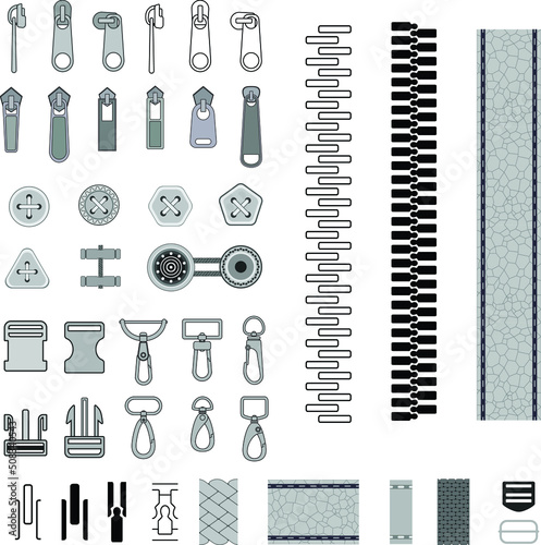 Vector set for designing women's bags or clothes, consisting of a zipper, a metal lobster hook. Lobster hooks, buttons, for use in converters.