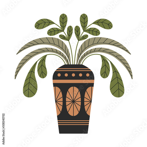 Poster of Ancient Greek vase with plants and leaves. Art, pottery, ceramics and culture.
Can be used in poster, print, card or social media design. Vector illustration isolated on pink background.