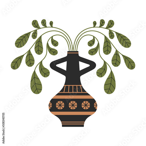 Poster of Ancient Greek vase with plants and leaves. Art, pottery, ceramics and culture.
Can be used in poster, print, card or social media design. Vector illustration isolated on pink background.