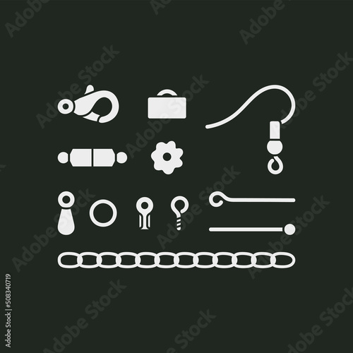 Set with equipment for beading and jewelry making. Silver spare parts  bracelets, necklaces and earrings.
Beading, handmade, fashion. 
Hand drawn vector illustration isolated on black background.