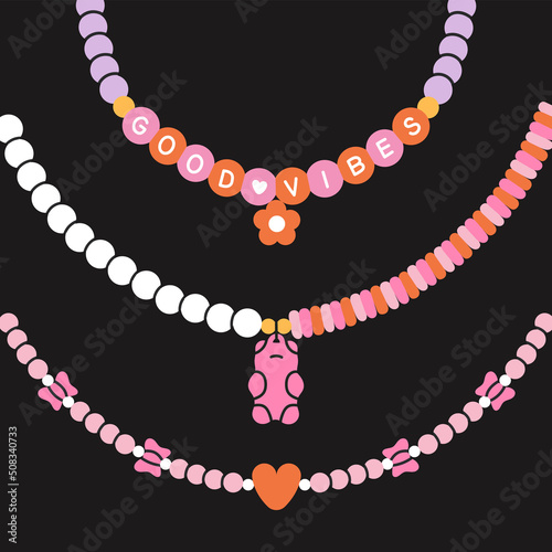 Poster with collection of beaded necklaces. Beading, handmade, fashion concept. Set in cool design.
Hand drawn vector illustration in trendy colors. Isolated on black background.