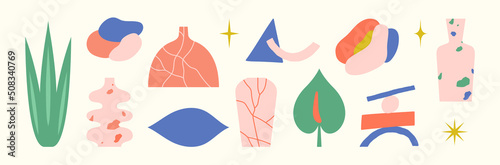 Stickers set with ceramic objects and abstract shapes. Vases, pottery. Simple shapes, cracked texture, stars and tropical leaves. Home decorating, arts and crafts. Cute colorful vector illustration.