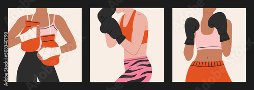 Set of posters with girls boxers in sportswear, with gloves. 
Training, boxing, wrestling, defense. Fragments. Cool sport illustrations in modern colors.
Hand drawn vector illustrations.