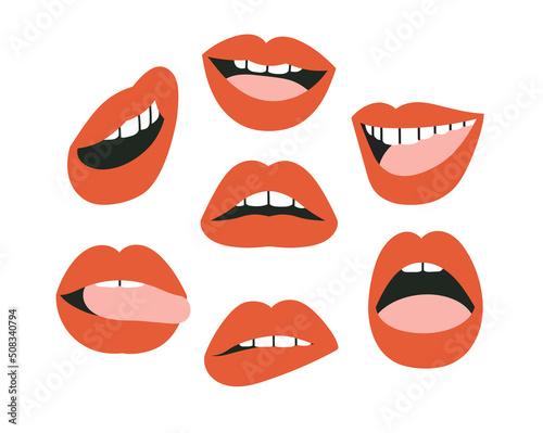 Illustration of lips with different emotions. Smile, opened mouth with white teeth, tongue. Set of icons. Make up and beauty concept. Hand drawn vector illustrations isolated on white background. 