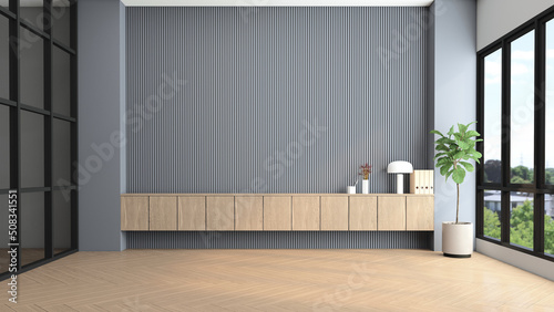 Modern empty room with gray slat wall and built-in wooden cabinet. 3d rendering