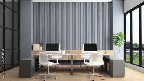 Fototapeta Naklejka Na Ścianę i Meble -  Modern office room with desk and computer, gray slat wall and built-in wooden cabinet. 3d rendering