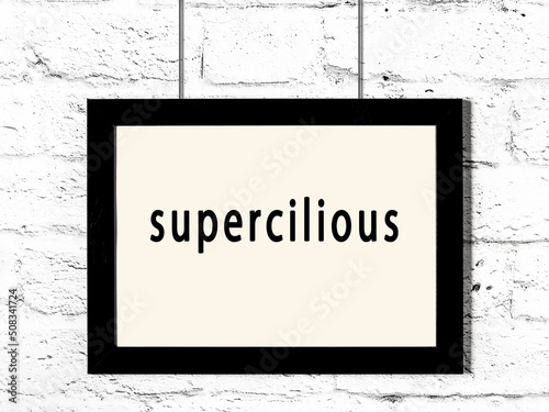 Black frame hanging on white brick wall with inscription supercilious photo