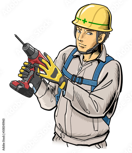 ドリルドライバーを持つ工事作業員