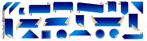 Modern blue ribbon banner. Happy holiday. Price tag. Web banner. Design element. Vector illustration. Stock image. 