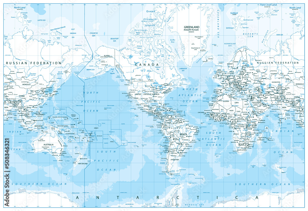 World Map - Political - American View - America in Center - White Color