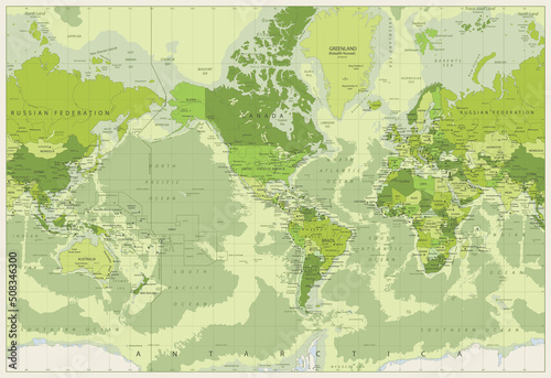 World Map - Political - American View - America in Center - Green Colors Water Bathymetry