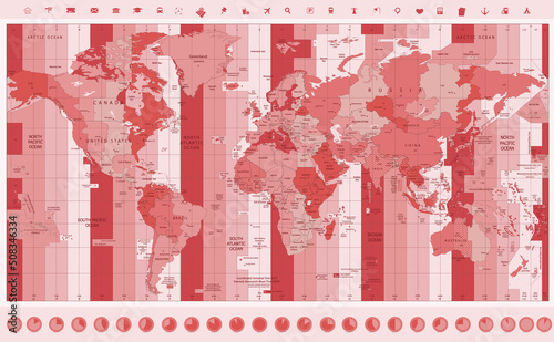World Map with Standard Time Zones with clock icons